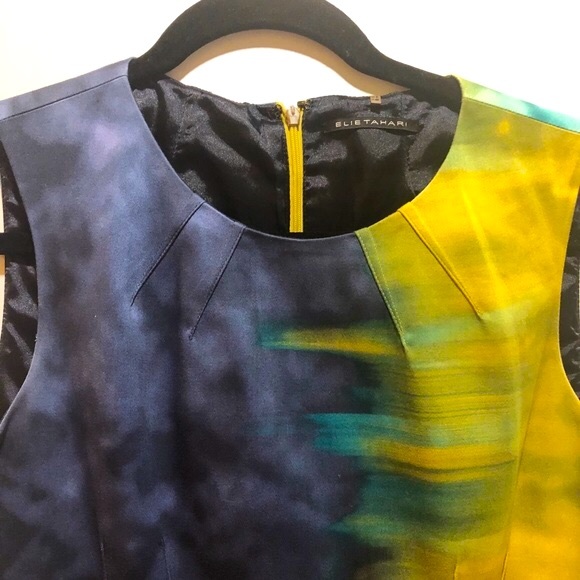 ELIE TAHARI BLUE-YELLOW TIE-DYE OMBRÉ SHIFT DRESS - Picture 8 of 17